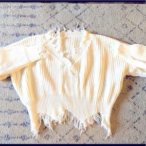 Cropped White Knit Destroyed Sweater